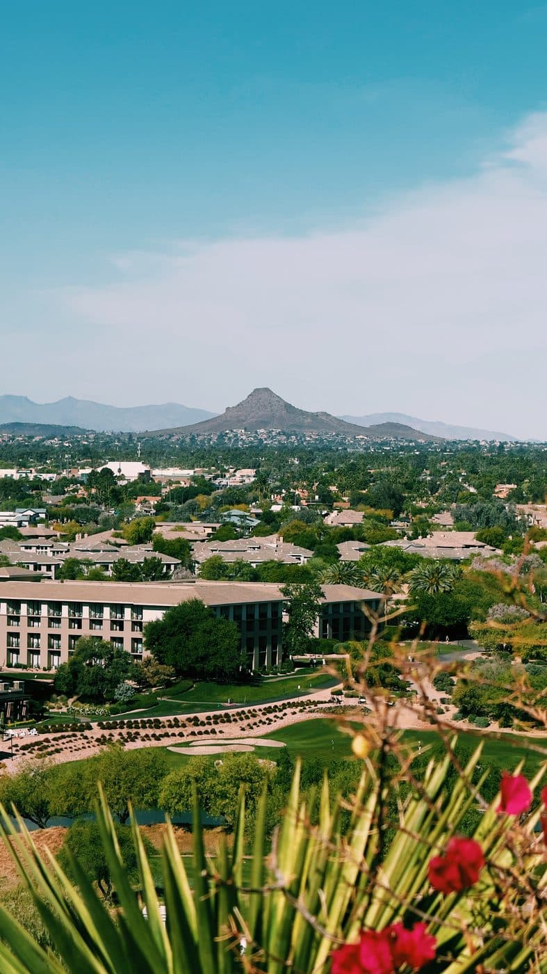 Desert vista over Phoenix with Camelback Mountain in warm light